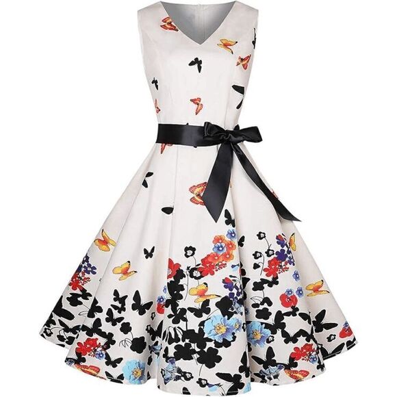 🦋 Pinup Retro Vintage 1950s Butterfly Floral Print Tea Dress with Belt SIZE L N - Picture 1 of 16